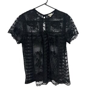 Whimsigoth Sheer Floral Lace Short Sleeve Top S Black Romantic Dark‎ Academia